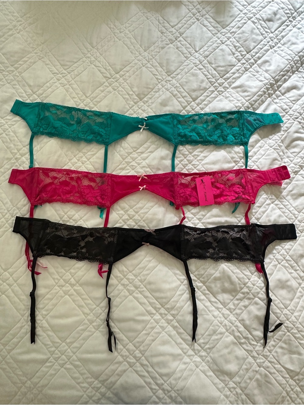 Betsey Johnson Teal Pink Black Lace Garter Belts - Set of 3